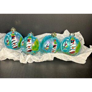 Vintage Christmas Tree Ball Ornaments Lighthouse and Sailboat Blue - Set Of 4